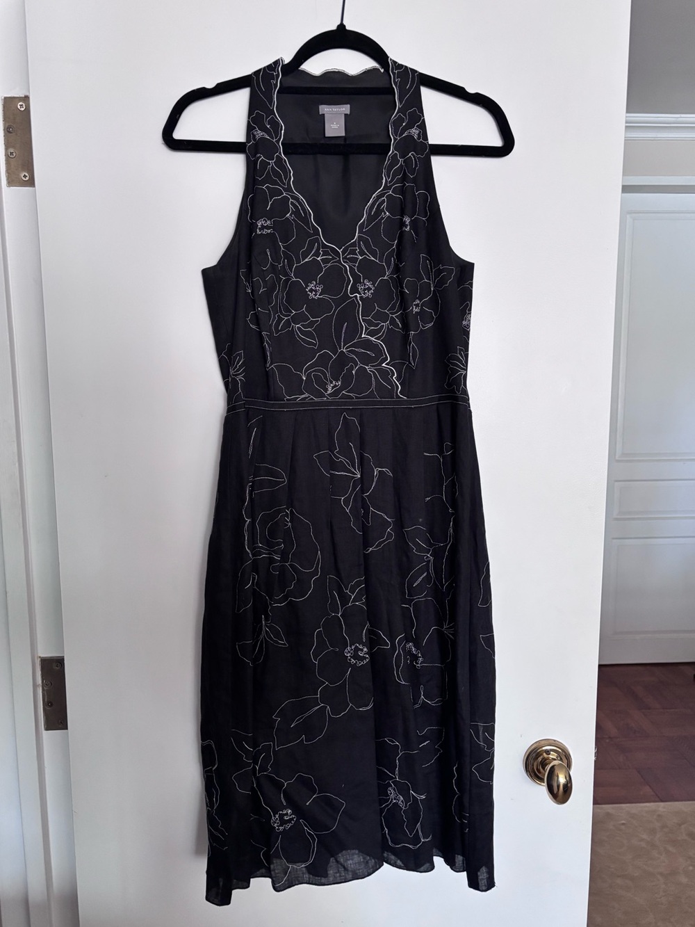 Vintage Ann Taylor Black Linen Floral Halter Midi Dress